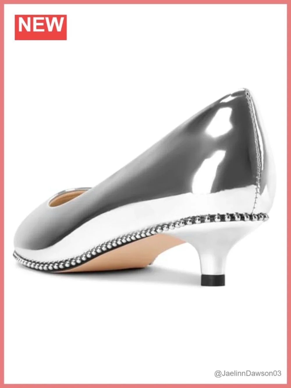 Silver Beaded Kitten Heel Pumps for Women Pointed Toe Slip-On Dress Shoes 1.4